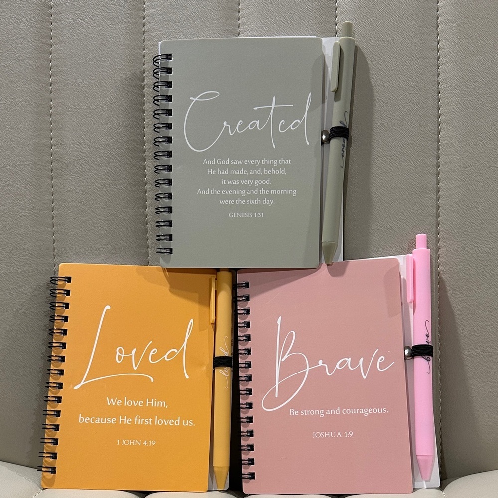 Bible Verse Notebook Trio & Pens  Loved - John Brave - Joshua Created - Genesis